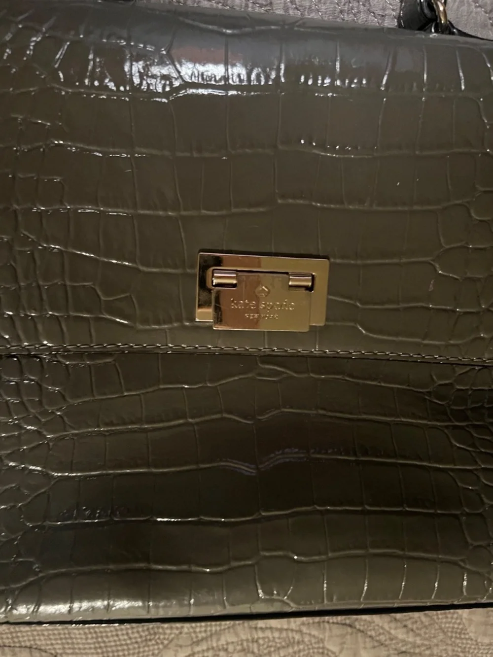 Kate Spade Doris Croc Embossed Dark Gray Patent Structured Tote Bag w/ 2 Handles